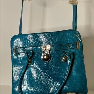 Elegant Teal Crocodile-Embossed Handbag